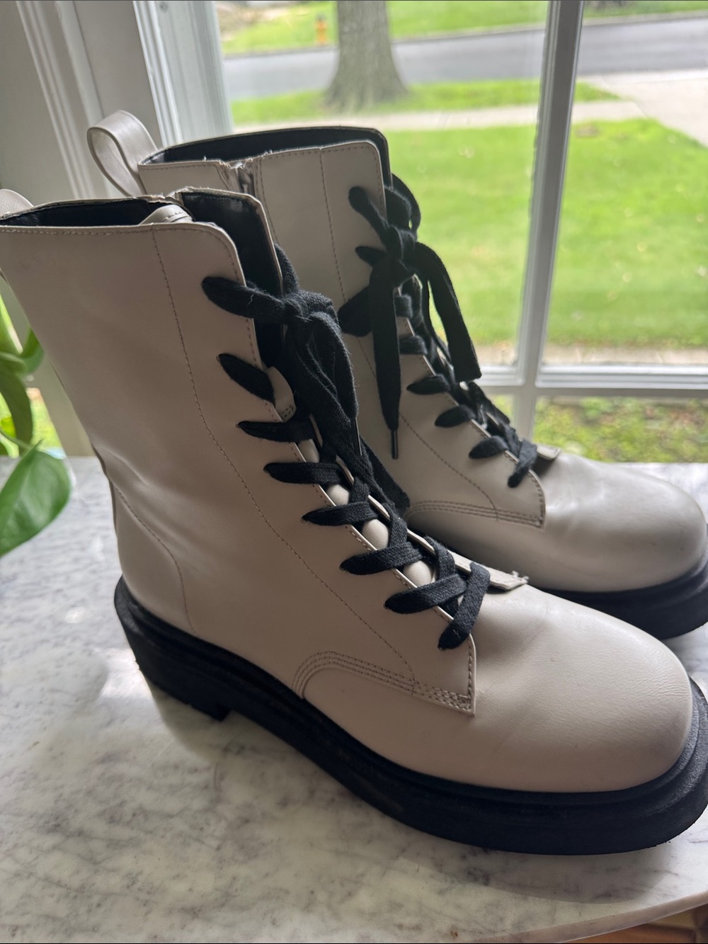 Women's Cream Lace-Up Combat Boots with Black Laces 8.5
